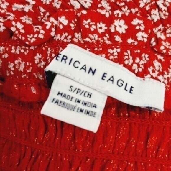 AEO | Smocked Tube Short Dress Red & White Ditsy Floral Mini Ruffle Hem Sz S - Picture 9 of 10